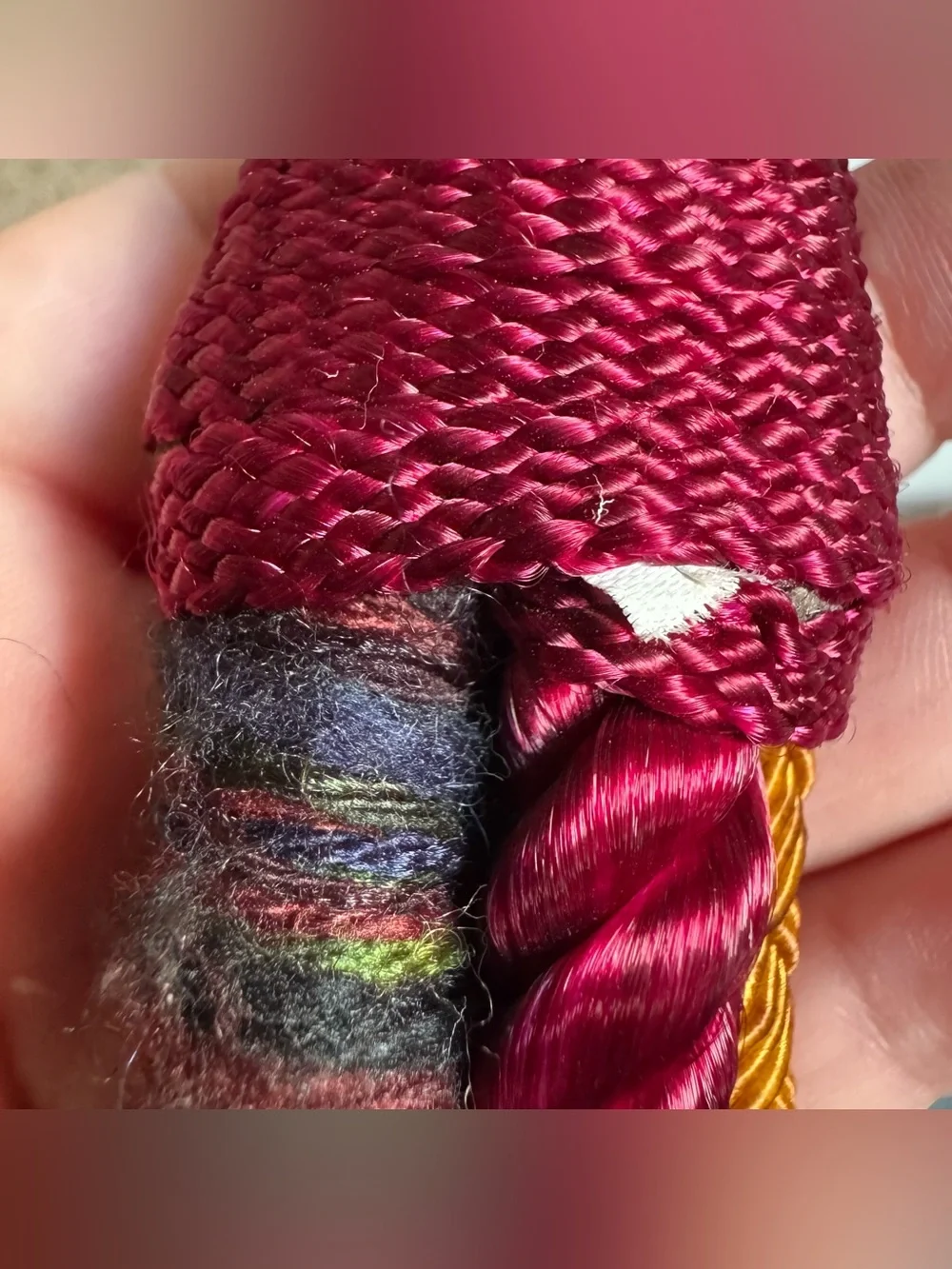 Vtg Burgundy Mixed Media Braided Woven Cord Belt Gold Tone Art To Wear Statement
